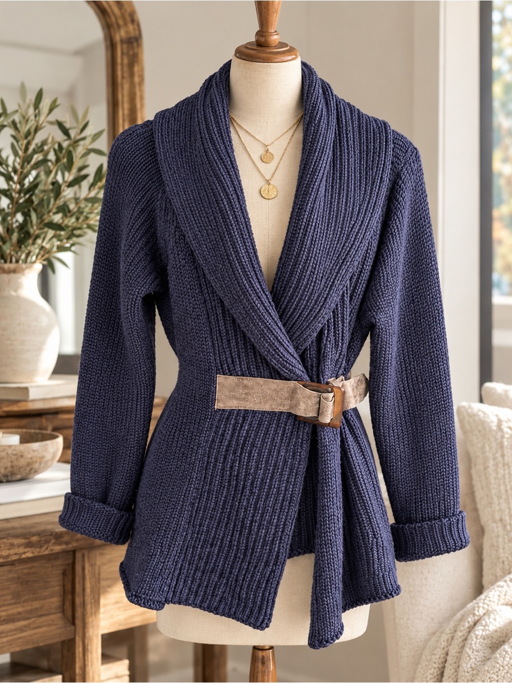 Soft Surroundings Navy Belted Shawl Collar Cardigan Sweater XS